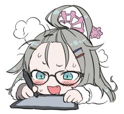Rule 34 | 1girl, ahoge, blue archive, blue eyes, blush, drawing tablet, drooling, fang, forehead, glasses, grey hair, hair ornament, hairclip, halo, heavy breathing, kikai (akita morgue), long hair, meru (blue archive), messy hair, saliva, simple background, steam, steaming body, stylus, white background