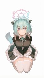 Rule 34 | 1girl, alternate costume, animal ears, black dress, blue archive, breasts, closed mouth, dress, enmaided, flippy (cripine111), green hair, highres, large breasts, long sleeves, looking at viewer, maid, maid headdress, medium hair, purple eyes, shigure (blue archive), smile, solo, tail, thighhighs, weasel ears, weasel tail, white thighhighs