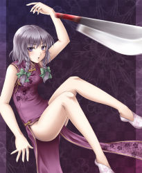 Rule 34 | 1girl, bad id, bad pixiv id, blue eyes, braid, china dress, chinese clothes, dress, female focus, izayoi sakuya, knife, legs, mochi.f, motion blur, short hair, silver hair, solo, throwing knife, touhou, twin braids, weapon