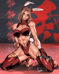 Rule 34 | 1girl, abs, animal ears, arched soles, artist name, bandaged wrist, bandages, bare arms, bare shoulders, biceps, black gloves, bow, bowalia, braid, braided ponytail, breasts, bridal legwear, brown eyes, brown hair, chain-link fence, character request, cleavage cutout, clenched teeth, clothing cutout, copyright request, feet, fence, fingerless gloves, flirting, gloves, hand on own leg, high collar, jewelry, kneeling, large breasts, leotard, long bangs, long hair, long toenails, midriff, muscular, muscular female, nail polish, navel, no shoes, playboy bunny, rabbit ears, rabbit symbol, rabbit tail, red nails, red sports bra, seductive smile, sexually suggestive, shadow, shiny skin, signature, smile, solo, sports bra, spread legs, stage, stirrup legwear, tail, teeth, thigh cutout, tiptoes, toe ring, toeless legwear, toenail polish, toenails, toes, translation request, wrestling outfit