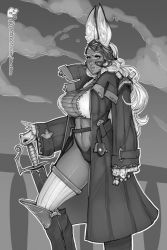 Rule 34 | 1girl, alternate costume, animal ears, bbc-chan, boots, breasts, rabbit ears, cleavage, commentary, dark skin, dark-skinned female, final fantasy, final fantasy xii, fran (ff12), greyscale, high collar, highres, knee boots, large breasts, lips, long coat, long hair, monochrome, patreon username, pirate, planted sword, planted, revealing clothes, solo, standing, sword, thighhighs, watermark, weapon, web address