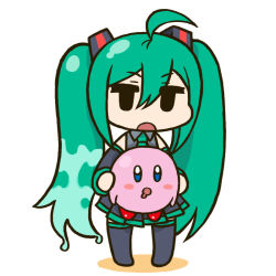 Rule 34 | 1girl, ahoge, black eyes, blue eyes, blush stickers, chibi, crossover, detached sleeves, drooling, flat color, full body, green hair, hatsune miku, iriomote, kirby, kirby (series), long hair, necktie, nintendo, open mouth, pigeon-toed, pleated skirt, saliva, simple background, skirt, sleeveless, standing, thighhighs, twintails, very long hair, vocaloid, wet, wet hair, white background