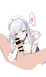 Rule 34 | 1boy, 1girl, apron, azur lane, bar censor, belfast (azur lane), blush, breasts, censored, chain, cleavage, closed mouth, clothed female nude male, collar, collarbone, commentary request, erection, frilled apron, frilled gloves, frills, gloves, heart, heart-shaped pupils, hetero, highres, imminent fellatio, large breasts, maid, maid apron, maid headdress, mogi yasunobu, nude, penis, purple eyes, silver hair, smile, spread legs, sweatdrop, symbol-shaped pupils, white apron, white gloves