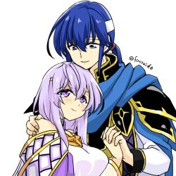 Rule 34 | 1boy, 1girl, bare shoulders, blue hair, brother and sister, cape, circlet, dress, fire emblem, fire emblem: genealogy of the holy war, hand on another&#039;s shoulder, headband, holding hands, julia (fire emblem), long hair, nintendo, open mouth, ponytail, purple eyes, purple hair, seliph (fire emblem), siblings, simple background, smile, white headband, yukia (firstaid0)