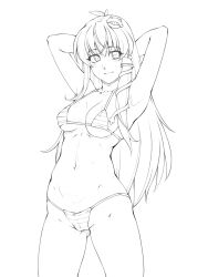 Rule 34 | 1girl, alternate costume, antenna hair, armpits, bikini, blush, breasts, breasts apart, cameltoe, closed mouth, commentary request, cowboy shot, frog hair ornament, greyscale, hair between eyes, hair ornament, hair tubes, highres, kochiya sanae, long hair, looking at viewer, medium breasts, monochrome, navel, ootsuki wataru, simple background, smile, snake hair ornament, solo, striped bikini, striped clothes, swimsuit, touhou