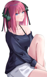 Rule 34 | 1girl, black ribbon, black shirt, blue eyes, blunt bangs, blush, breasts, butterfly hair ornament, cleavage, closed mouth, collarbone, commentary, cowboy shot, eyelashes, go-toubun no hanayome, hair ornament, hair ribbon, hugging own legs, knee up, large breasts, light smile, long sleeves, looking at viewer, medium hair, nakano nino, off shoulder, pink hair, ribbon, shirt, shorts, simple background, sitting, solo, straight hair, two side up, uyufuzi s, white background, white shorts