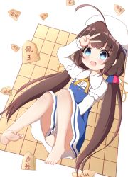 Rule 34 | 10s, 1girl, :d, absurdres, arm up, bad id, bad pixiv id, barefoot, beret, blue dress, blue eyes, blush, board game, brown hair, captain lamb, child, commentary request, covering crotch, covering privates, dress, dress tug, feet, fingernails, full body, hat, heart, heart-shaped pupils, highres, hinatsuru ai, layered sleeves, long hair, long sleeves, looking at viewer, low twintails, nail polish, open mouth, pink nails, ryuuou no oshigoto!, school uniform, shogi, short over long sleeves, short sleeves, sidelocks, smile, soles, solo, symbol-shaped pupils, teeth, toenail polish, toenails, toes, twintails, upper teeth only, v, very long hair, white background, white hat