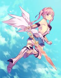 Rule 34 | 1girl, bad id, bad pixiv id, bare back, bare shoulders, blue eyes, blue sky, blush, boots, cloud, collar, day, detached sleeves, dress, elbow gloves, fingerless gloves, gauntlets, gloves, kimino tomonari, long hair, looking back, original, pink hair, ribbon, sky, solo, sword, tiara, twintails, weapon