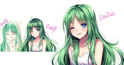Rule 34 | 1girl, ahoge, artist name, bare arms, bare shoulders, blue eyes, blush, breasts, cleavage, closed mouth, collarbone, commentary, english commentary, green hair, long hair, looking at viewer, one eye closed, original, parted bangs, redrawn, sasucchi95, sidelocks, smile, tank top, upper body, white background, white tank top