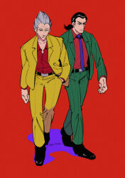 Rule 34 | 2boys, black eyes, black footwear, black hair, blazer, closed mouth, collared shirt, commentary request, formal, frown, full body, gin to kin, green jacket, green pants, grey hair, hair slicked back, hand in pocket, hirai ginji, holding, inudori, jacket, long sleeves, looking afar, looking at viewer, low ponytail, male focus, morita tetsuo, multiple boys, necktie, old, old man, open clothes, open jacket, pants, pinstripe pattern, pinstripe suit, purple necktie, red background, red shirt, shirt, shoes, short hair, simple background, smile, spiked hair, striped clothes, striped jacket, striped pants, suit, v-shaped eyebrows, vertical-striped clothes, vertical-striped jacket, vertical-striped pants, walking, yellow jacket, yellow pants