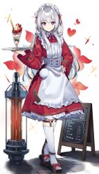 Rule 34 | 1girl, absurdres, alternate costume, apron, bow, bowtie, brown footwear, clara (honkai: star rail), collared dress, commentary, crossed legs, cup, dress, drinking glass, english commentary, enmaided, floral background, footwear bow, frilled apron, frills, full body, hair intakes, hair ribbon, hand on own hip, highres, holding, holding tray, honkai: star rail, honkai (series), indonesian text, kneehighs, long hair, long sleeves, maid, maid apron, maid headdress, menu board, red dress, red eyes, ribbon, shiroi ou, smile, socks, solo, standing, tray, watson cross, white bow, white bowtie, white hair, white socks, wide sleeves
