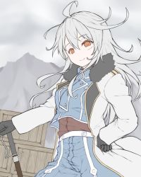 Rule 34 | 1girl, black hair, box, facial scar, flat color, gangut (kancolle), gloves, grey hair, hair between eyes, highres, holding, holding weapon, jacket, kantai collection, long hair, long sleeves, looking at viewer, military, military jacket, military uniform, mountain, naval uniform, ourah ikuzus, red eyes, remodel (kantai collection), scar, scar on cheek, scar on face, smile, solo, sword, uniform, weapon, wool