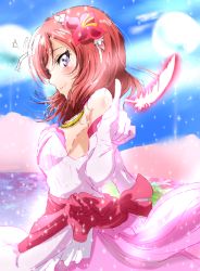 Rule 34 | 1girl, blush, bokutachi wa hitotsu no hikari, dress, elbow gloves, feathers, flower, from side, gloves, glowing feather, hair flower, hair ornament, hair ribbon, hairband, index finger raised, jewelry, looking at viewer, love live!, love live! school idol project, necklace, nishikino maki, pink dress, purple eyes, red feathers, red hair, ribbon, sash, shogo (4274732), smile, solo, sparkle