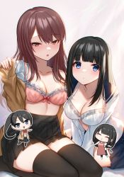 Rule 34 | 4girls, :d, :o, ^ ^, absurdres, apron, bare shoulders, black hair, black pants, black sailor collar, black skirt, black thighhighs, blue eyes, blush, bow, bow bra, bowtie, bra, breasts, brown cardigan, brown eyes, brown hair, cardigan, chibi, cleavage, closed eyes, closed mouth, collarbone, highres, hoshimiya aki, ladle, long hair, long sleeves, looking at viewer, medium breasts, multiple girls, nail polish, no shoes, off shoulder, open cardigan, open clothes, open mouth, open shirt, original, outline, pants, parted lips, pinching sleeves, pink apron, pink bra, pink nails, pleated skirt, ponytail, red bow, red bowtie, sailor collar, school uniform, seiza, serafuku, shirt, sitting, skirt, sleeves past wrists, smile, teeth, thighhighs, underwear, upper teeth only, v-shaped eyebrows, very long hair, white bra, white outline, white shirt