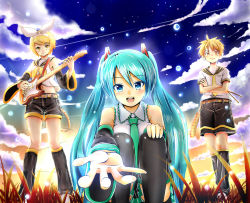 Rule 34 | 1boy, 2girls, :d, aqua eyes, aqua hair, bare shoulders, baretto (karasi07), belt, blonde hair, collared shirt, crossed arms, detached sleeves, drumsticks, guitar, hatsune miku, instrument, kagamine len, kagamine rin, long hair, looking at viewer, midriff, multiple girls, navel, neckerchief, necktie, open mouth, outdoors, outstretched arm, outstretched hand, pov, school uniform, serafuku, shirt, short hair, shorts, sleeveless, sleeveless shirt, smile, squatting, standing, thighhighs, thighs, twilight, twintails, vocaloid, yellow eyes