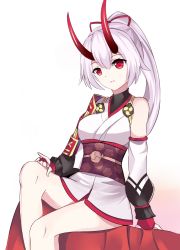 Rule 34 | 1girl, armor, asymmetrical sleeves, black undershirt, breasts, commentary request, detached sleeves, fate/grand order, fate (series), fingerless gloves, gloves, horns, japanese armor, japanese clothes, kimono, long hair, looking at viewer, medium breasts, oni horns, red eyes, red gloves, red horns, shadowllya, short kimono, shoulder armor, silver hair, single detached sleeve, sitting, sode, solo, tomoe gozen (fate), turtleneck, uneven sleeves, white kimono