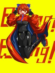 Rule 34 | black bodysuit, black gloves, blue bow, bodysuit, bow, cape, gloves, hands up, highres, jumping, red cape, red eyes, red hair, rock &#039;n&#039; rock &#039;n&#039; beat, sekibanki, text background, touhou, yellow background, yudofu33