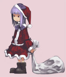 Rule 34 | 1girl, aki toshi, boots, christmas, hat, purple hair, santa costume, santa hat, solo