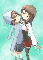 Rule 34 | 10s, 2girls, anchor, asymmetrical docking, black footwear, blue shirt, boots, breast press, breasts, brown eyes, brown hair, commentary request, cosplay, costume switch, dress shirt, flat chest, girls und panzer, grey legwear, grey skirt, headband, highres, kantai collection, light smile, long hair, long sleeves, looking at viewer, medium breasts, mika (girls und panzer), mika (girls und panzer) (cosplay), miniskirt, miyabeeya, multiple girls, noto mamiko, one eye closed, pleated skirt, red skirt, school uniform, shirt, shorts, shorts under skirt, sideboob, skirt, socks, standing, striped clothes, striped shirt, taihou (kancolle), taihou (kancolle) (cosplay), thigh boots, thighhighs, vertical-striped clothes, vertical-striped shirt, voice actor connection, white shirt