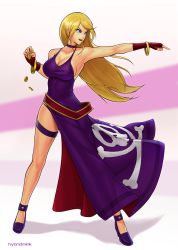 Rule 34 | 1girl, blonde hair, bracelet, breasts, choker, cleavage, coin, dress, fatal fury, fingerless gloves, full body, garou: mark of the wolves, gloves, gold coin, high heels, holding, holding coin, hybridmink, jenet behrn, jewelry, large breasts, long hair, nail polish, pirate, purple dress, smile, snk, solo, standing, the king of fighters, thigh strap