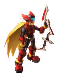 Rule 34 | 1boy, android, black eyes, blonde hair, bow (weapon), full body, helmet, holding, holding bow (weapon), holding weapon, inualet33, long hair, male focus, mega man (series), mega man zero (series), simple background, solo, very long hair, weapon, white background, zero(z) (mega man), zero (mega man)