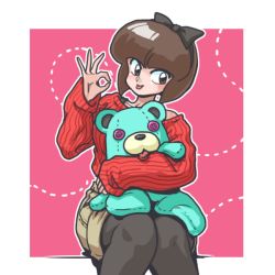 Rule 34 | 1girl, black pantyhose, brown eyes, brown hair, hairband, pantyhose under shorts, long sleeves, object on head, pantyhose, pantyhose under shorts, ranma 1/2, red sweater, ribbed sweater, shorts, sitting, sleeves past wrists, solo, stuffed animal, stuffed toy, sweater, teddy bear, tendou nabiki, tongue, tongue out, wanta (futoshi)