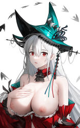 Rule 34 | 1girl, absurdres, aqua headwear, arknights, bare shoulders, breasts, choker, cleavage, clothes pull, commentary request, dress, dress pull, highres, large breasts, long hair, long sleeves, looking at viewer, nipples, off-shoulder dress, off shoulder, parted lips, red choker, red dress, red eyes, simple background, skadi (arknights), skadi the corrupting heart (arknights), solo, upper body, very long hair, white background, white hair, yuuki mix