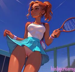 Rule 34 | ai-generated, bad tag, female, happy, racket, red hair, sportswear, tan, tanline, tennis racket, tennis uniform