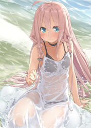 Rule 34 | 1girl, bare arms, bare shoulders, bikini, bikini under clothes, black bikini, black choker, blue eyes, blush, breasts, choker, closed mouth, commentary request, covered navel, day, dress, hair between eyes, highres, ia (vocaloid), kanzen bouon, outdoors, pink hair, see-through, shallow water, small breasts, solo, swimsuit, swimsuit cover-up, vocaloid, water, wet, wet clothes, wet dress, white dress