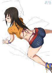 Rule 34 | 10s, 1girl, :3, all fours, artist name, ass, bed sheet, belly chain, belt, bikini, black hair, bracelet, breasts, brown hair, closed eyes, closed mouth, crop top, denim, denim shorts, dimples of venus, facing away, from above, high heels, highres, idolmaster, idolmaster cinderella girls, jeans, jewelry, long hair, no bra, on bed, orange shirt, panties, pants, pillow, purple bikini, shibuya rin, shiny skin, shirt, shoes, short shorts, shorts, signature, sneakers, solo, spread legs, suna (sandworks), swimsuit, thong, thong bikini, top-down bottom-up, underboob, underwear, whale tail (clothing)