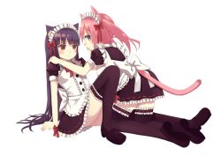 Rule 34 | 2girls, animal ears, apron, arm support, bad id, bad pixiv id, black footwear, black legwear, bow, cat ears, cat tail, frills, full body, hands on another&#039;s shoulders, kneeling, long hair, looking at viewer, looking back, maid, maid apron, maid headdress, mary janes, multiple girls, nekomo, original, pink hair, puffy short sleeves, puffy sleeves, purple hair, ribbon, shoes, short sleeves, simple background, sitting, smile, tail, thighhighs, twintails, white background, zettai ryouiki