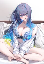 Rule 34 | 1girl, absurdres, bare shoulders, blue bra, blue eyes, blue hair, blush, bra, breasts, cleavage, commentary request, cropped legs, gradient hair, green hair, highres, indian style, komupi, lace, lace-trimmed bra, lace trim, large breasts, long sleeves, looking at viewer, multicolored hair, natsumi (komupi), off shoulder, open mouth, original, partially unbuttoned, shirt, sitting, sleeves past wrists, smile, solo, strap slip, thighs, underwear, white shirt