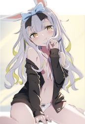 Rule 34 | 1girl, :t, animal ears, black shirt, blue bow, blush, bow, bow panties, breasts, brown eyes, closed mouth, commentary request, gotyou, grey hair, hair bow, hair censor, hand up, head tilt, highres, long hair, long sleeves, looking at viewer, mochizuki himari, navel, no bra, off shoulder, open clothes, open shirt, panties, rabbit ears, shirt, sitting, sleeves past wrists, small breasts, solo, underwear, uni create, very long hair, virtual youtuber, wariza, wavy mouth, white panties