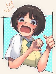 Rule 34 | 1girl, ^^^, amagami, blue background, bow, bowtie, breasts, bright pupils, brown eyes, brown hair, commentary, curled fingers, dress shirt, embarrassed, fang, from side, green bow, green bowtie, hands up, highres, kein 810, looking at viewer, looking to the side, open mouth, outside border, polka dot, polka dot background, school uniform, shirt, short hair, short sleeves, shouting, skin fang, small breasts, solo, surprised, sweater vest, tachibana miya, v-shaped eyebrows, white shirt, wide-eyed, yellow sweater vest
