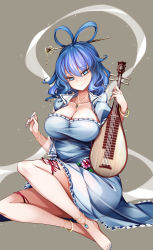 Rule 34 | 1girl, absurdres, anklet, bangle, biwa lute, blue dress, blue eyes, blue hair, blue nails, bracelet, breasts, cleavage, closed mouth, collarbone, dress, eyelashes, fingernails, flower, hair ornament, hair rings, hair stick, highres, holding, instrument, jewelry, kaku seiga, large breasts, long fingernails, looking at viewer, lute (instrument), medium hair, nail polish, necklace, ofuda, pink flower, puffy short sleeves, puffy sleeves, raptor7, shawl, short dress, short sleeves, simple background, sitting, smile, solo, toenail polish, toenails, touhou, wavy hair