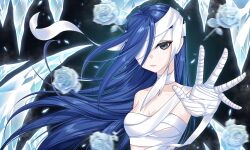 Rule 34 | 1girl, bandaged chest, bandaged fingers, bandaged hand, bandaged head, bandaged neck, bandages, blue hair, breasts, cang yue (tou xing jiuyue tian), cleavage, dark background, expressionless, floating hair, flower, highres, ice flower, icicle, kumu zaisheng, long hair, looking at viewer, medium breasts, naked bandage, one eye covered, outstretched arm, outstretched hand, rose, solo, tou xing jiuyue tian, upper body