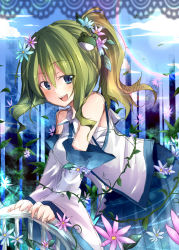 Rule 34 | 1girl, :d, alternate hairstyle, bad id, bad pixiv id, bare shoulders, blue eyes, detached sleeves, female focus, flower, frog hair ornament, green hair, hair flower, hair ornament, highres, kochiya sanae, long hair, miyaoi, open mouth, ponytail, sarashi, smile, solo, touhou