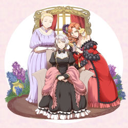 Rule 34 | 3girls, asymmetrical hair, black bow, black bowtie, black dress, blonde hair, bow, bowtie, braid, chair, character request, closed eyes, closed mouth, commentary request, dien (ragnarok online), dress, fox, french braid, frilled dress, frills, full body, hair bun, highres, jewelry, juliet sleeves, long sleeves, looking at viewer, medium hair, multiple girls, natsuya (kuttuki), necklace, off-shoulder dress, off shoulder, old, old woman, orange hair, pink dress, puffy sleeves, ragnarok online, red dress, short hair, single hair bun, sitting, smile, standing, white background, white hair, window