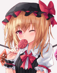 Rule 34 | 1girl, absurdres, bad id, bad pixiv id, black hat, blonde hair, blush, bow, bowtie, commentary request, covered mouth, crystal, flandre scarlet, frilled shirt collar, frills, hair between eyes, halloween, hand up, hat, hat bow, highres, kofumi (nxme5555), looking at viewer, medium hair, mob cap, nail polish, one eye closed, puffy short sleeves, puffy sleeves, red bow, red bowtie, red eyes, red nails, short sleeves, simple background, solo, touhou, upper body, white background, wings, wrist cuffs