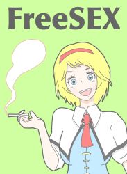 Rule 34 | 1girl, alice margatroid, alison, alison (alison airlines), ascot, bad id, bad pixiv id, blonde hair, blue eyes, dress, english text, female focus, hairband, looking at viewer, marijuana, open mouth, ribbon, smile, smoke, smoking, solo, text focus, touhou