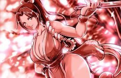 Rule 34 | 1girl, breasts, cleavage, dutch angle, fatal fury, hand fan, high ponytail, holding, holding fan, looking at viewer, monochrome, ninja, patsuki, red theme, revealing clothes, shiranui mai, smile, solo, the king of fighters