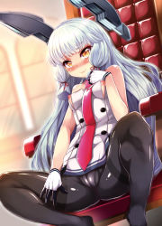 Rule 34 | 10s, 1girl, bare shoulders, between breasts, black pantyhose, blue hair, blush, body blush, breast suppress, breasts, brown eyes, chair, closed mouth, dutch angle, eyebrows, gloves, headgear, highres, kantai collection, long hair, looking at viewer, murakumo (kancolle), murakumo kai ni (kancolle), necktie, nipples, nose blush, panties, panties under pantyhose, pantyhose, red necktie, shirt, sitting, sleeveless, sleeveless shirt, small breasts, smile, solo, spread legs, thighband pantyhose, toyo (toyozine2009), underwear, very long hair, window