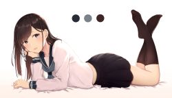 Rule 34 | 1girl, :d, bed sheet, black sailor collar, black socks, blue neckerchief, blue skirt, blush, brown hair, color guide, commentary, fang, full body, grey eyes, hand on own cheek, hand on own face, highres, kneehighs, legs up, long hair, long sleeves, looking at viewer, lying, neckerchief, on stomach, open mouth, original, sailor collar, school uniform, serafuku, shirt, simple background, skirt, smile, socks, solo, swept bangs, teataster, the pose, white background, white shirt