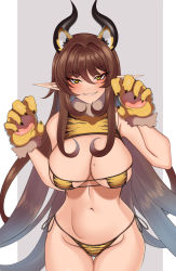 Rule 34 | 1girl, absurdres, animal ears, animal hands, bare shoulders, blush, breasts, brown hair, claw pose, claws, cleavage, commentary, covered erect nipples, cowboy shot, english commentary, extra ears, fur trim, hair between eyes, hands up, highleg, highleg panties, highres, horns, large breasts, looking at viewer, mole, mole on breast, mole under eye, navel, original, panties, pointy ears, revealing clothes, saecchi, side-tie panties, sidelocks, simple background, solo, stomach, string bra, string panties, thigh gap, thighs, tiger stripes, two-tone background, underwear, white background, yellow eyes