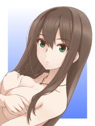 Rule 34 | 10s, 1girl, breasts, brown hair, covering privates, covering breasts, female focus, green eyes, highres, idolmaster, idolmaster cinderella girls, jewelry, large breasts, long hair, looking at viewer, necklace, shibuya rin, solo, topless frame, tsukiyo umi, upper body