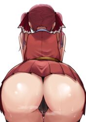 Rule 34 | 1girl, absurdres, ass, ass focus, black leotard, bow, cropped jacket, from behind, hair bow, highres, hololive, houshou marine, jacket, knbd, leotard, leotard under clothes, miniskirt, pleated skirt, red hair, red jacket, red skirt, shirt, simple background, skirt, sleeveless, sleeveless jacket, solo, steam, steaming body, sweat, twintails, virtual youtuber, white background