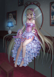 Rule 34 | 00s, 1girl, absurdres, ankle cuffs, barefoot, blonde hair, breasts, brown eyes, chii, chobits, cleavage, dress, full body, hairband, heart, highres, bridal garter, long hair, mirror, photo (object), small big dot, solo, very long hair