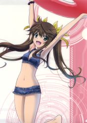 Rule 34 | 1girl, :d, absurdres, armpits, arms up, barefoot, bikini, bikini shorts, blue bikini, bow, bracelet, breasts, brown hair, cleavage, denim bikini, fang, floating hair, green eyes, hair between eyes, hair bow, highres, huang lingyin, infinite stratos, innertube, jewelry, long hair, looking at viewer, micro shorts, official art, open mouth, shorts, small breasts, smile, solo, standing, standing on one leg, swim ring, swimsuit, twintails, very long hair, wet, wet hair, yellow bow