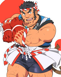 Rule 34 | 1boy, bara, bare shoulders, beard, black hair, body hair, bulge, cowboy shot, facial hair, hachimaki, headband, highres, large pectorals, long sideburns, looking at viewer, male focus, manly, muscular, nejiri hachimaki, pectorals, ruizu (takakisan503), sideburns, simple background, sleeveless, smile, solo, tajikarao (housamo), thick thighs, thighs, tokyo houkago summoners, upper body