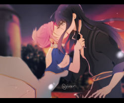 Rule 34 | belt, black hair, blurry, blurry background, bush, closed eyes, couple, dress, earrings, estellise sidos heurassein, highres, holding person, jewelry, kiss, letterboxed, long hair, official alternate costume, pink hair, pirorr, short hair, surprise kiss, surprised, tales of (series), tales of vesperia, tears, wide-eyed, yuri lowell